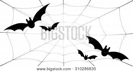 Bat Icons Set. Bat Wings, Black Web Silhouette Isolated White Background. Symbol Halloween Holiday, 