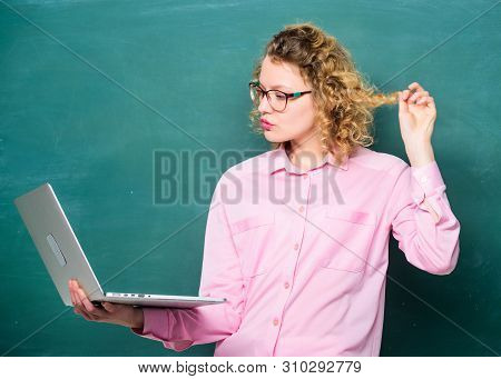 Online School. School Teacher Notebook Chalkboard Background. Informatics And Programming. Girl Surf
