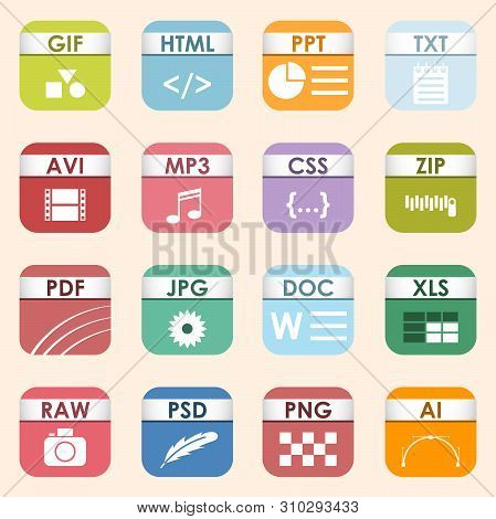 Square File Types And Formats Labels Icon Set. File Type Format Icons Presentation Document Symbol. 