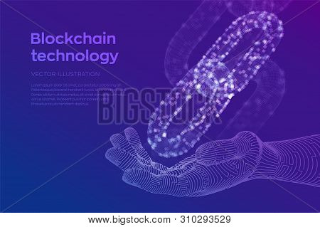Block Chain. Crypto Currency. Blockchain Concept. 3d Wireframe Chain With Digital Blocks In Robotic 