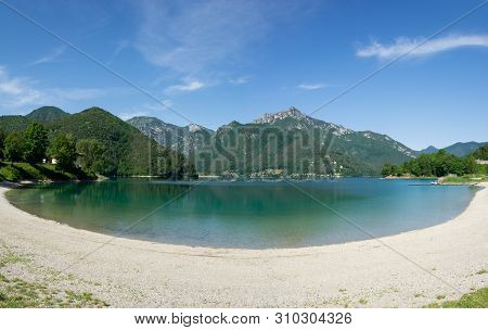 Panoramic View Of The Public Beach Molina Di Ledro. Lago Di Ledro, Italy