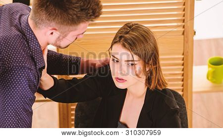Caught In A Bad Romance. Workplace Romance Of Handsome Man And Sexy Woman In Office. Couple Of Young