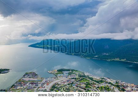 Aerial view on Andalsnes, Norway,  Mountain Landscape and Fjord View, Rauma, Romsdal, Norway. 