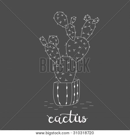 Cute Hand Drawn Cactus In A Pot With Letters On Chalkboard Background. Vector Icons In Black And Whi