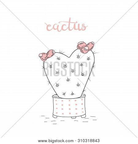 Cute Hand Drawn Cactus With Letters On White Background. Vector Icons In Minimalistic Sketch Style. 