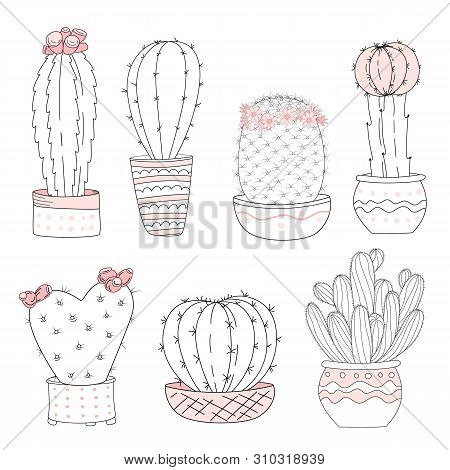 Set Of Cute Hand Drawn Cacti On White Background. Vector Icons In Minimalist Sketch Style. Hand-draw