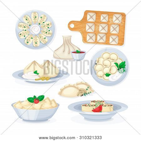 Traditional Tasty Food Dumplings Mantas Ravioli Khinkali Kurze Vareniki.