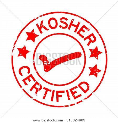Grunge Red Kosher Certified Word With Mark Icon Round Rubber Seal Stamp On White Background