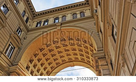 Arcone Triumphal Arch At The Republic Square In Florence, Italy. The Arch Was Built In 1895. Old Cit