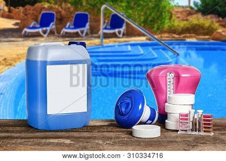 Equipment With Chemical Cleaning Products And Tools For The Maintenance Of The Swimming Pool.