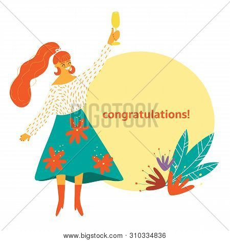 People Celebrating Party Concept. Funny Cartoon Character Having Fun With Cocktails. Happy Woman Con