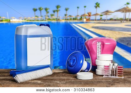 Equipment With Chemical Cleaning Products And Tools For The Maintenance Of The Swimming Pool.