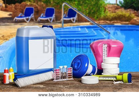 Equipment With Chemical Cleaning Products And Tools For The Maintenance Of The Swimming Pool.
