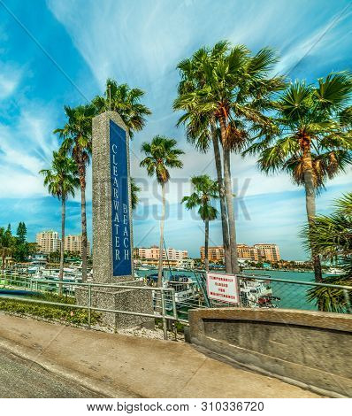 Clearwater Beach Sign On A Clear Day. Florida, Usa