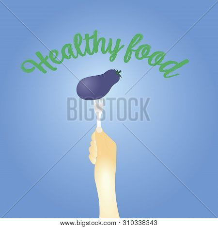 Healthy Eating Concept. Eggplant On The Fork. Vector Illustration Flat