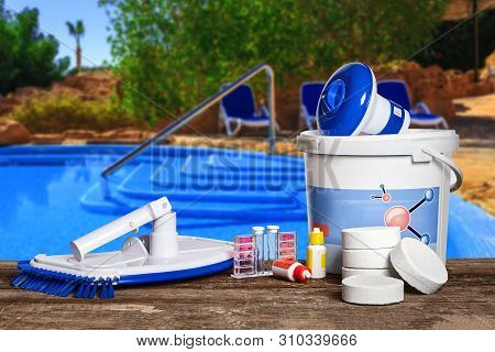 Equipment With Chemical Cleaning Products And Tools For The Maintenance Of The Swimming Pool.