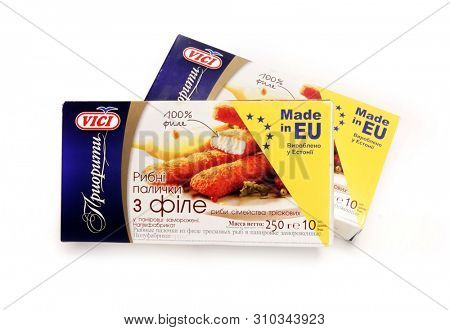 Kiev, Ukraine - February 1, 2019: 
 Viciunai Group was established in 1991. The company is one of the largest producers of crab taste sticks, surimi products and fish in Europe. Brand name âViciâ 