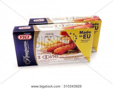 Kiev, Ukraine - February 1, 2019: 
 Viciunai Group was established in 1991. The company is one of the largest producers of crab taste sticks, surimi products and fish in Europe. Brand name âViciâ 