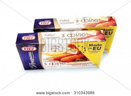 Kiev, Ukraine - February 1, 2019: 
 Viciunai Group was established in 1991. The company is one of the largest producers of crab taste sticks, surimi products and fish in Europe. Brand name âViciâ 