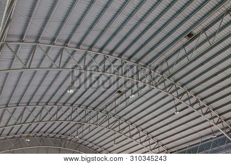 Steel Roof Structure. Moonlight Bulb. Steel Structure With Roof Tiles. Architectural Structure Of Ro