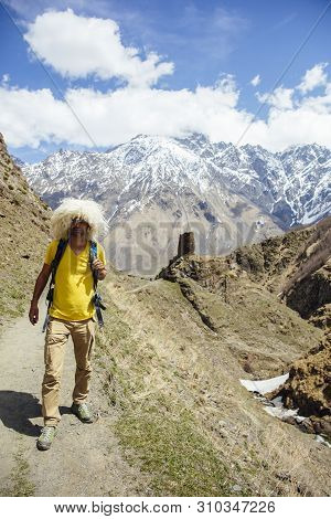 Hiker With Traditional Papakha Fur Hat At Mtskheta-mtianeti Region In Georgia