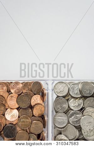 Organized Loose Coin Change On Bottom Side, Blank Empty Room Space For Text Top
