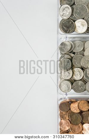Organized Loose Coin Change On Right Side, Blank Empty Room Space For Text Left