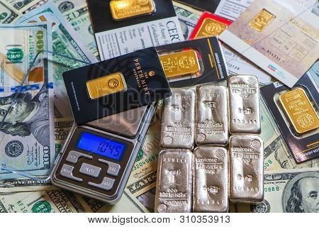 Kiev, Ukraine - April 17, 2019: Gold And Silver Bars From Different Manufacturers: Umicore, Valcambi