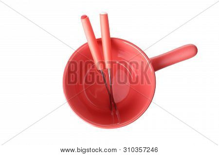 Ceramic Fondue Set On White Background, Top View