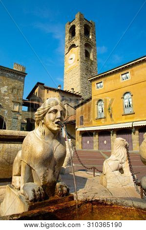 Contarini Fountain On Piazza Vecchia, Citta Alta, Bergamo, Italy