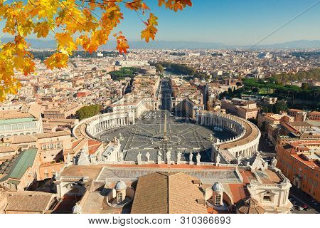 Saint Peters Square In Vatican And Panoranic View Of The City Frome Above, Rome, Italy At Fall