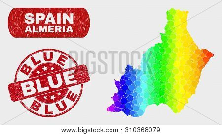 Rainbow Colored Dot Almeria Province Map And Stamps. Red Round Blue Scratched Seal Stamp. Gradient R