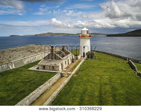 Ballyglass Lighthouse And Ruins Of Light House  Keepers House
On The East Coast Of County Mayo, Irel
