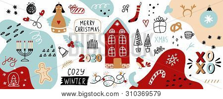 Big Christmas Bunner With Gift, House, Bird, сandles, Garlands And Hand-drawn Elements. Vector Backg