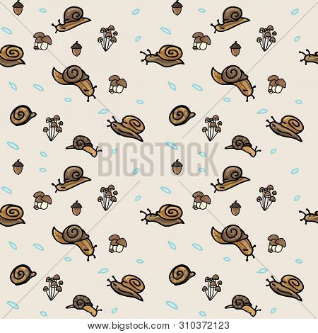 Cute Woodland Snail And Mushroom Cartoon Seamless Vector Pattern. Hand Drawn Garden Pest Tile. All O