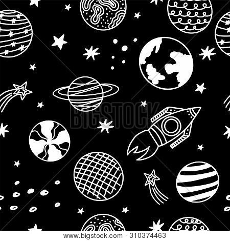 Seamless Pattern With Hand-drawn Space Elements On A Black Background. Doodle Style. Vector Illustra