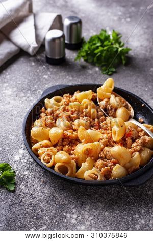 Pasta Bolognese With Meat Sauce. Tradidtional Italian Dish