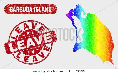 Rainbow Colored Dot Barbuda Island Map And Stamps. Red Round Leave Scratched Seal Stamp. Gradient Sp