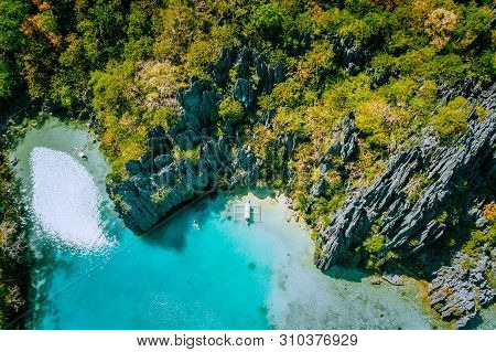 Marine Reserve El Nido Palawan Philippines, Aerial View Of Tropical Paradise Turquoise Lagoon And Sh