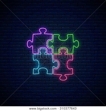 Neon Puzzle Pieces. Glowing Neon Icon Of Logical Concept. Thinking Game Symbol.
