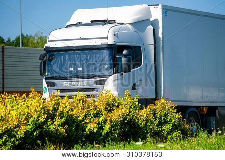 Warshaw region, Poland - June, 30, 2019: truck on a parking in Poland