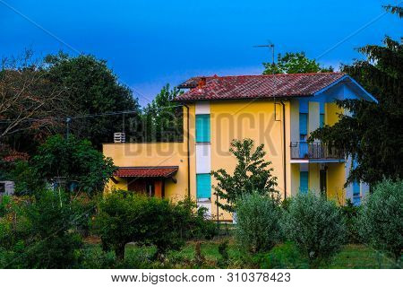 Rovigo, Italy - July, 2, 2019: landscape with the image of Rovigo at sunset