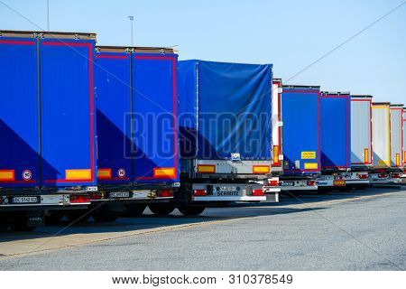 Warshaw region, Poland - June, 30, 2019: trucks on a parking in Poland