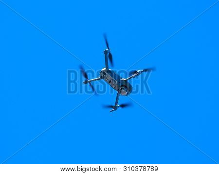 Moscow, Russia - June, 6, 2019: the image of dron fliing in the sky