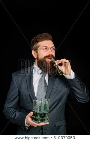 Science, Chemistry, Biology, Technology Concept. Scientist With Test Tubes. Research In Clinical Lab