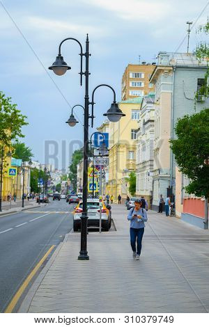Moscow, Russia - June, 27, 2019: wiew to Novokuznetskaya street in a center of Moscow