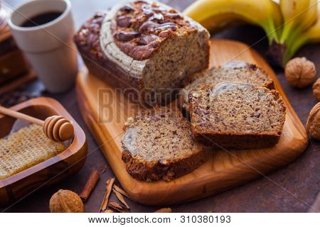 homemade banana bread with walnuts and chocolate - sweet food