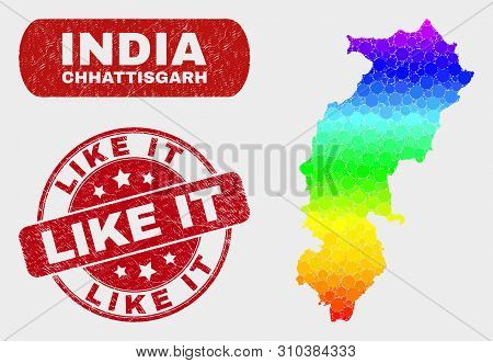 Rainbow Colored Dot Chhattisgarh State Map And Watermarks. Red Rounded Like It Distress Seal Stamp. 