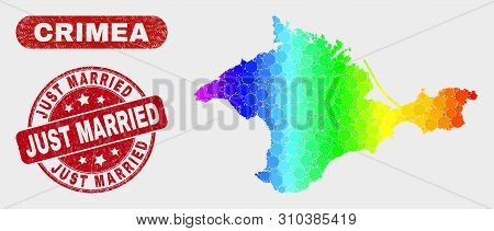 Rainbow Colored Dotted Crimea Map And Stamps. Red Round Just Married Grunge Seal. Gradiented Rainbow