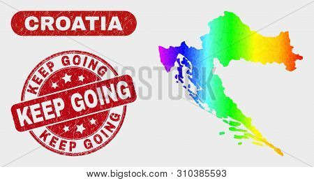 Spectral Dotted Croatia Map And Watermarks. Red Round Keep Going Scratched Seal Stamp. Gradiented Sp